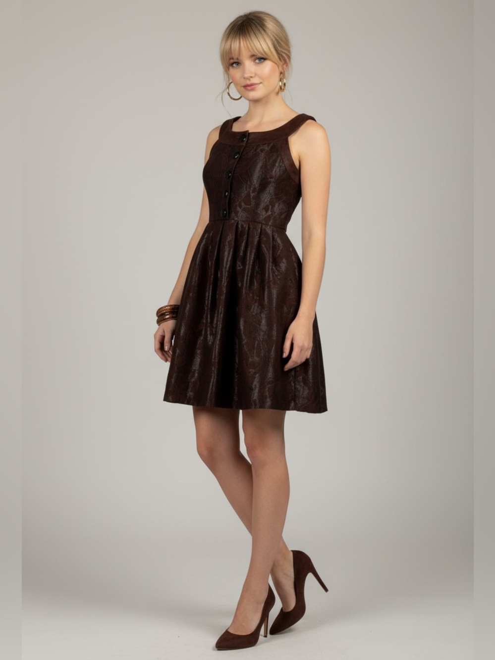 BCBG Generation 6 brown brocade‎ retro fit & flare sleeveless cocktail dress